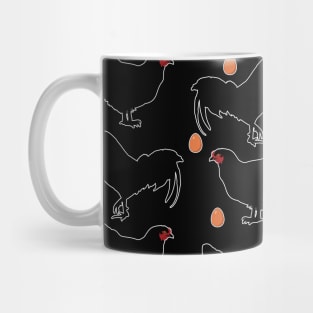 Chickens, cockerels and eggs on a black backround Mug